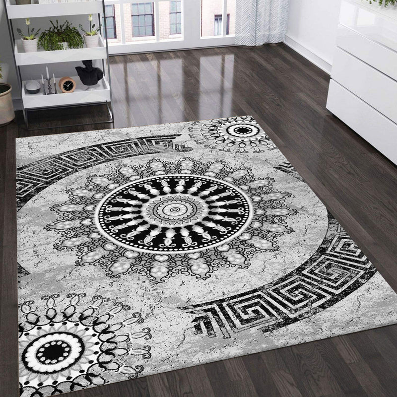 Short-pile rug, classic oriental design, vintage mandala, dark brown, grey, anthracite, for living room, bedroom-zoom-