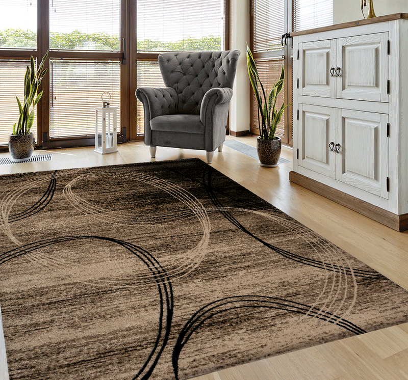 Modern short-pile rug, very densely woven, with a circular pattern, mottled in brown and beige.-zoom-