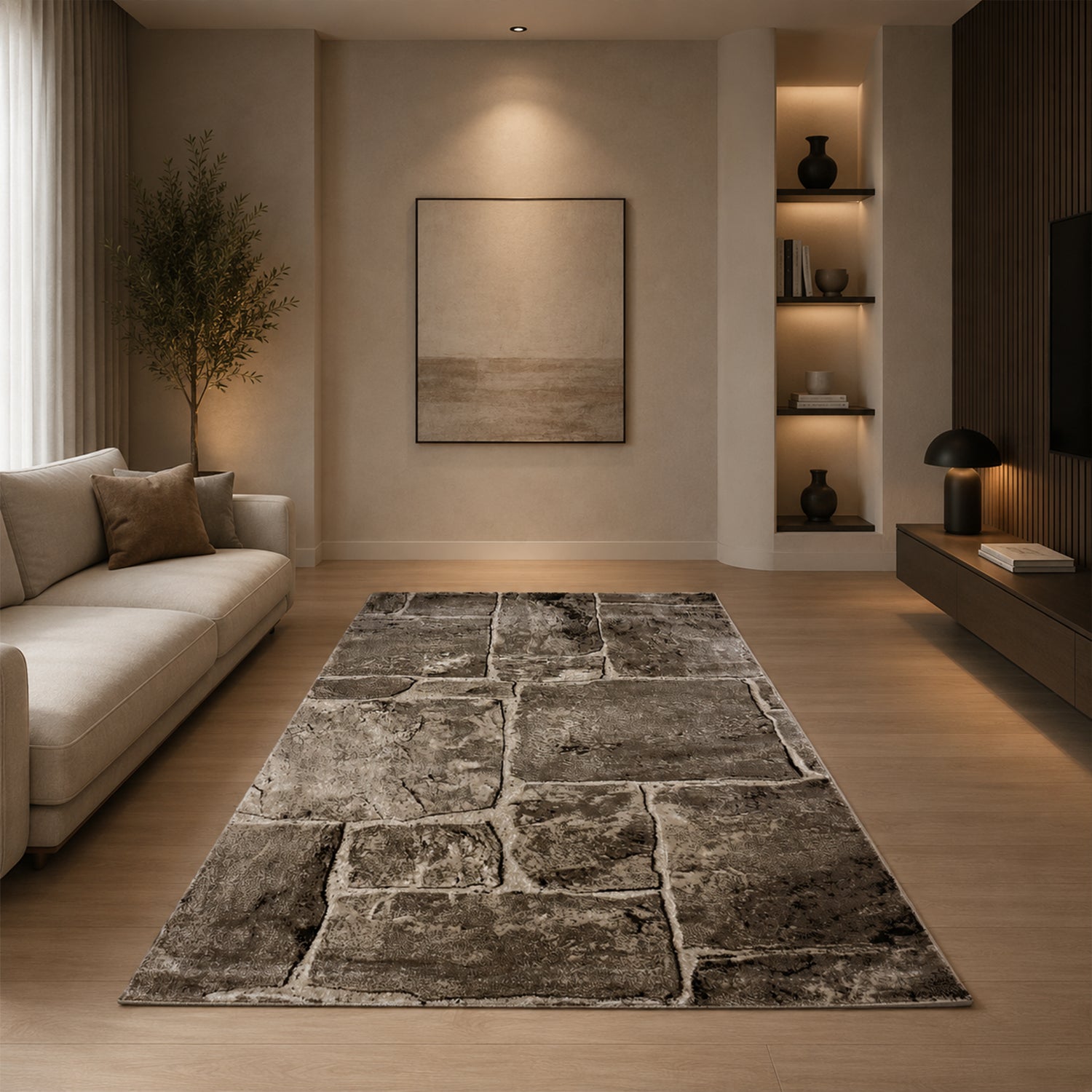 Tibet7413 Beige Classic Tibetan Rug, with Stone Wall Pattern-3