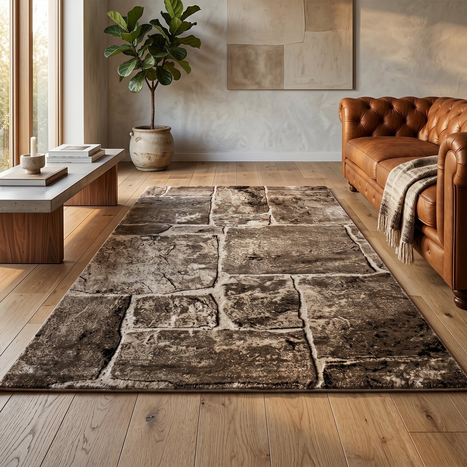 Tibet7413 Beige Classic Tibetan Rug, with Stone Wall Pattern