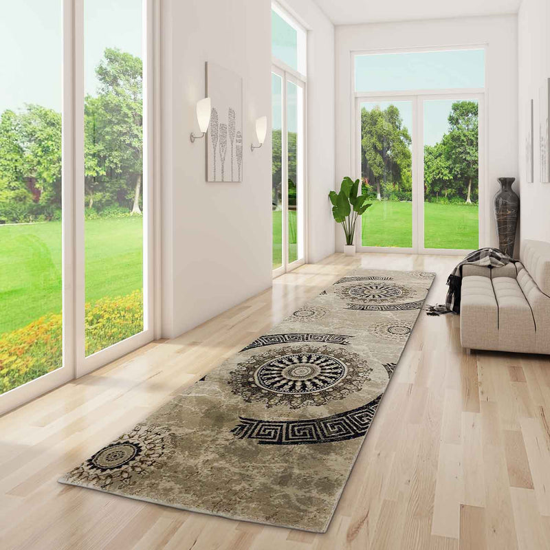 Short-pile rug, classic oriental design, vintage mandala, dark brown, brown, beige, for living room, bedroom-zoom-