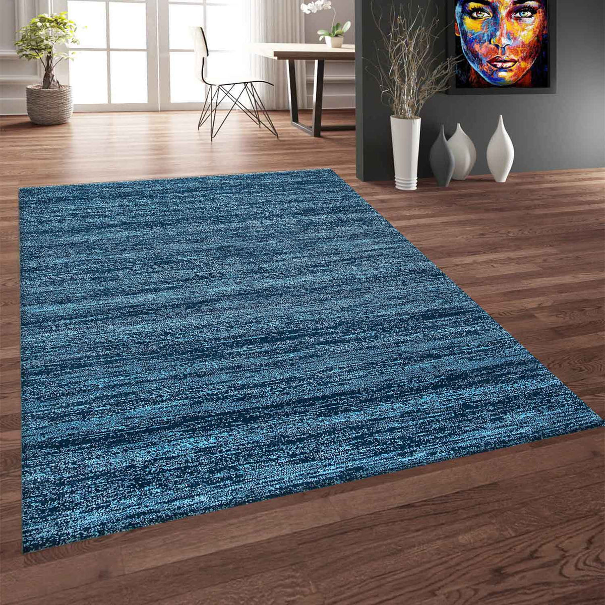 Modern solid color living room rug, woven carpet in dark blue, short pile, mottled, colorfast
