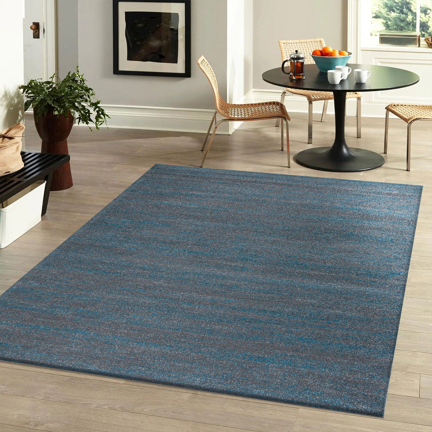 Living room rug in turquoise grey, short pile, solid color, mottled, colorfast, minimalist