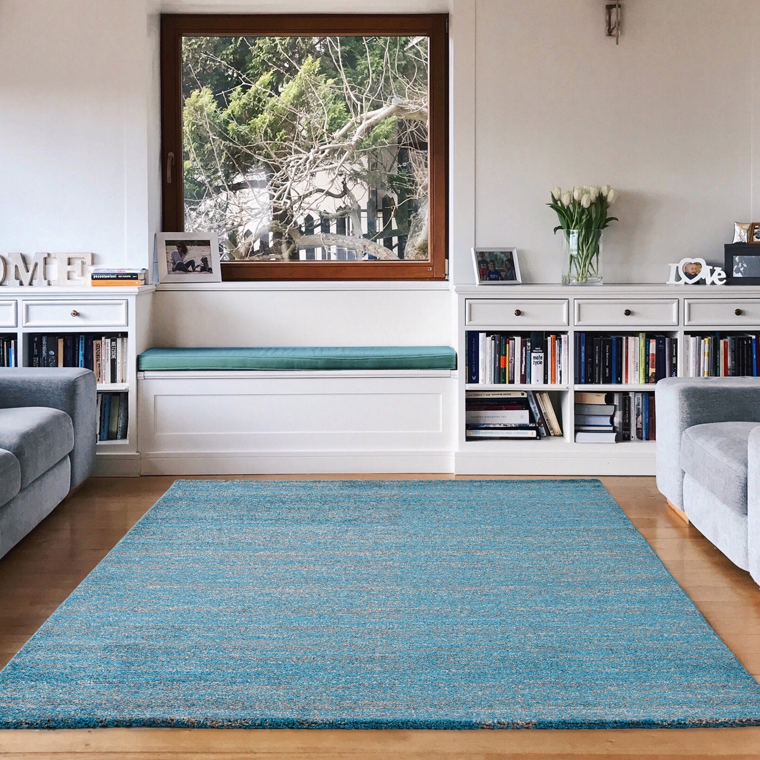 Grey Turquoise Short Pile Mottled Rug, Colorfast, Easy Care-1