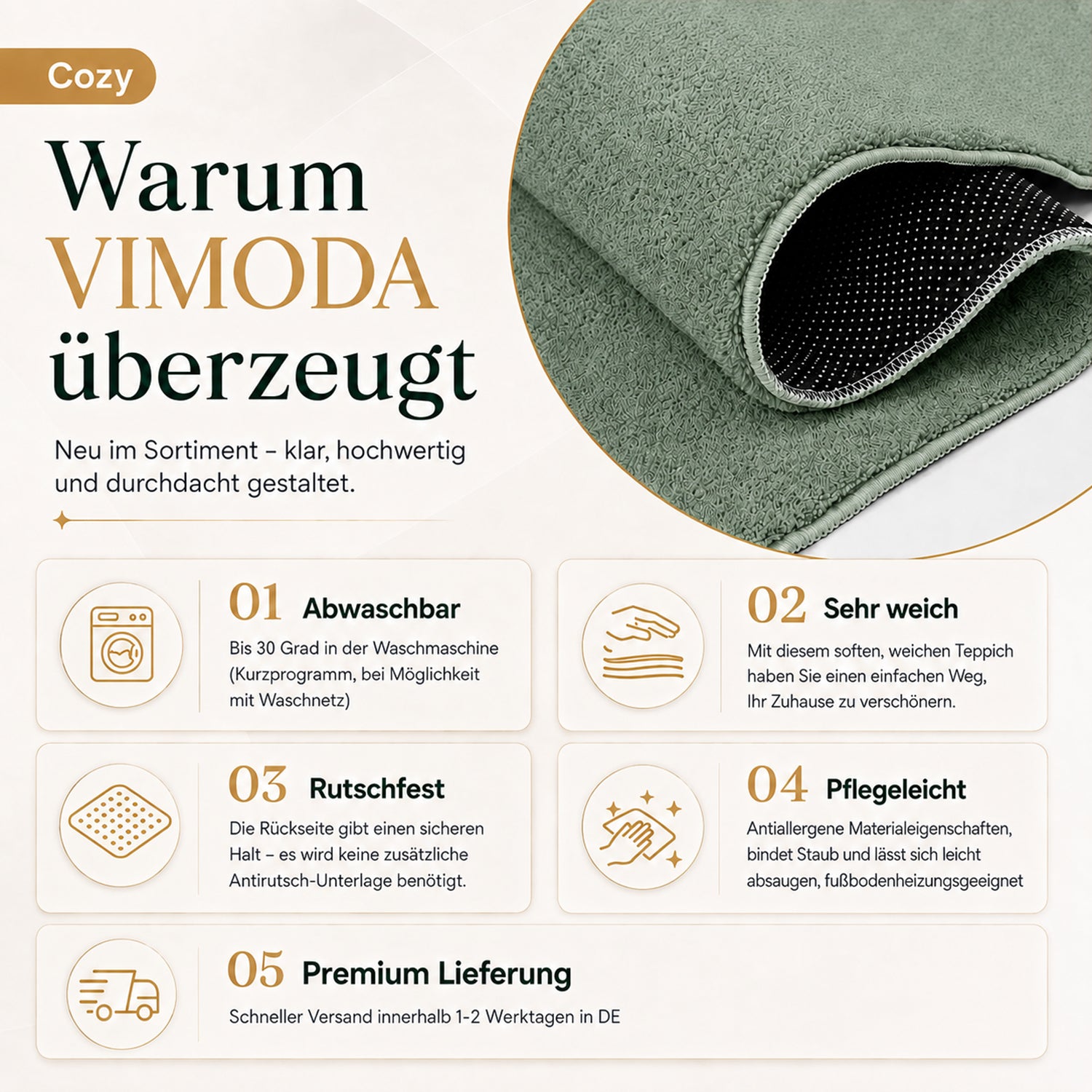 Waschbarer Kurzflor Teppich, rutschfest & weich, Einfarbig für Wohnzimmer, Schlafzimmer, Küche & Kinderzimmer-38