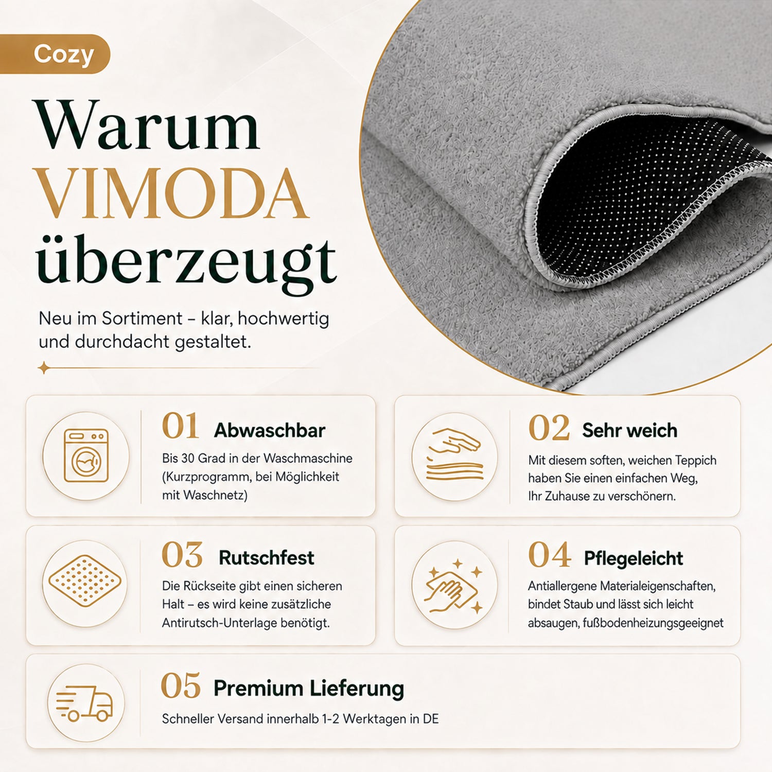 Waschbarer Kurzflor Teppich, rutschfest & weich, Einfarbig für Wohnzimmer, Schlafzimmer, Küche & Kinderzimmer-53