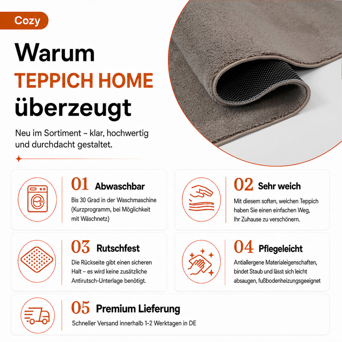 Waschbarer Kurzflor Teppich, rutschfest & weich, Einfarbig für Wohnzimmer, Schlafzimmer, Küche & Kinderzimmer-46