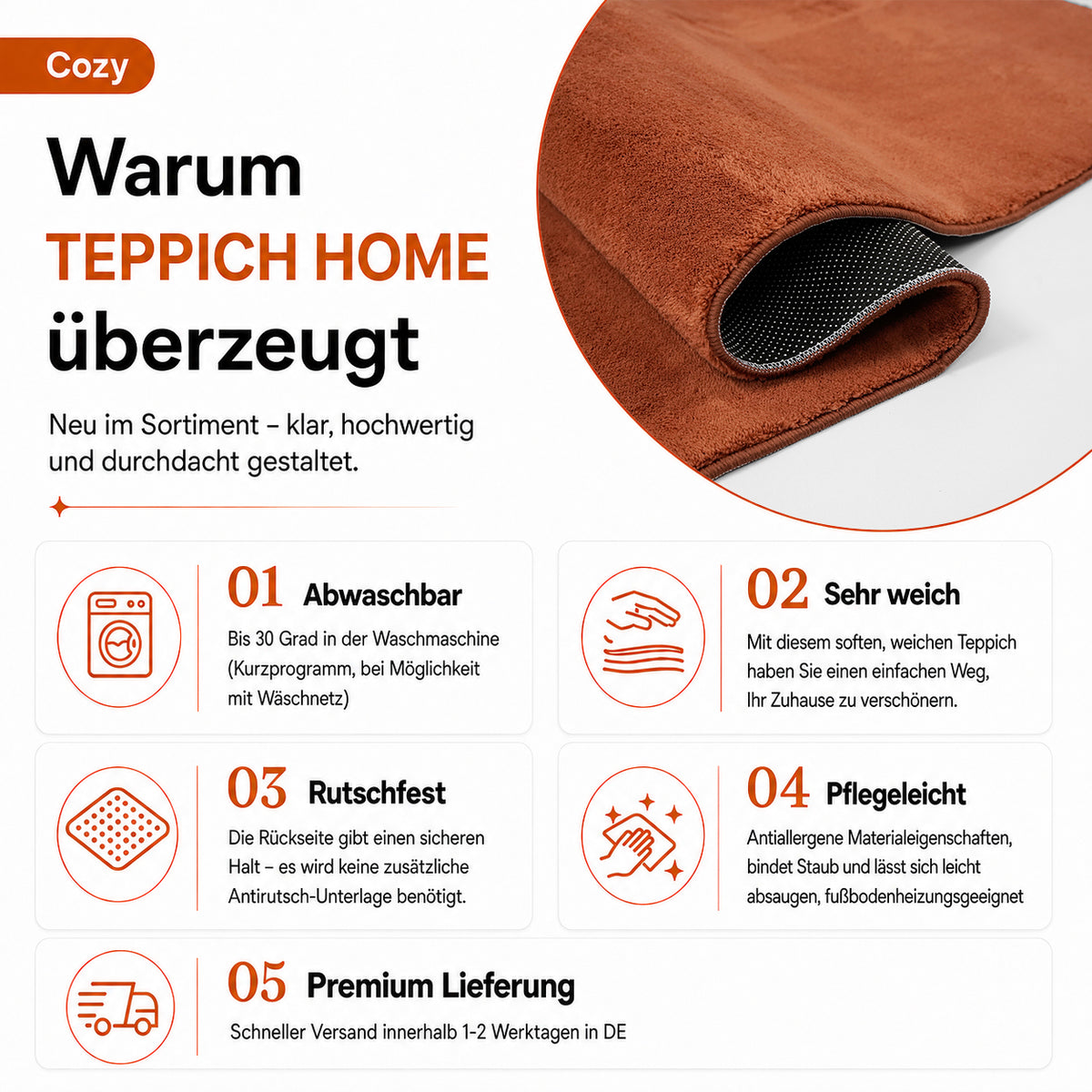 Waschbarer Kurzflor Teppich, rutschfest & weich, Einfarbig für Wohnzimmer, Schlafzimmer, Küche & Kinderzimmer-18