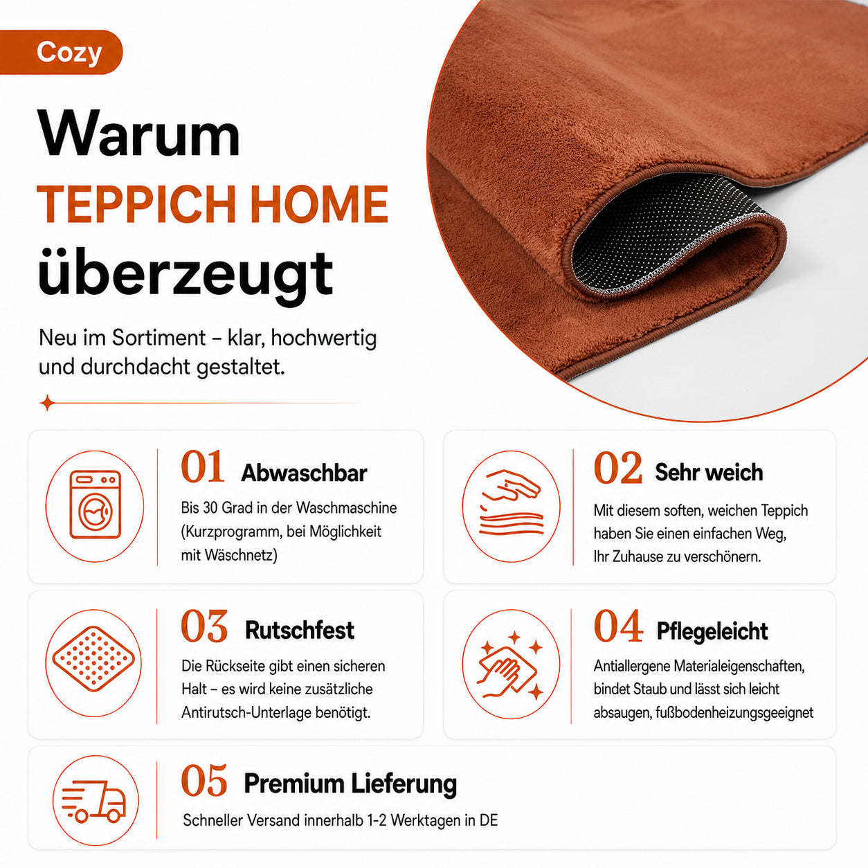 Waschbarer Kurzflor Teppich, rutschfest & weich, Einfarbig für Wohnzimmer, Schlafzimmer, Küche & Kinderzimmer-zoom-18