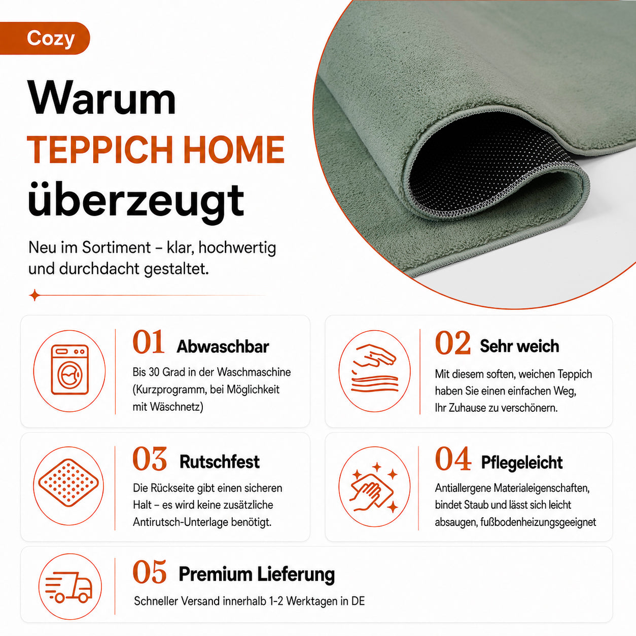 Waschbarer Kurzflor Teppich, rutschfest & weich, Einfarbig für Wohnzimmer, Schlafzimmer, Küche & Kinderzimmer-30