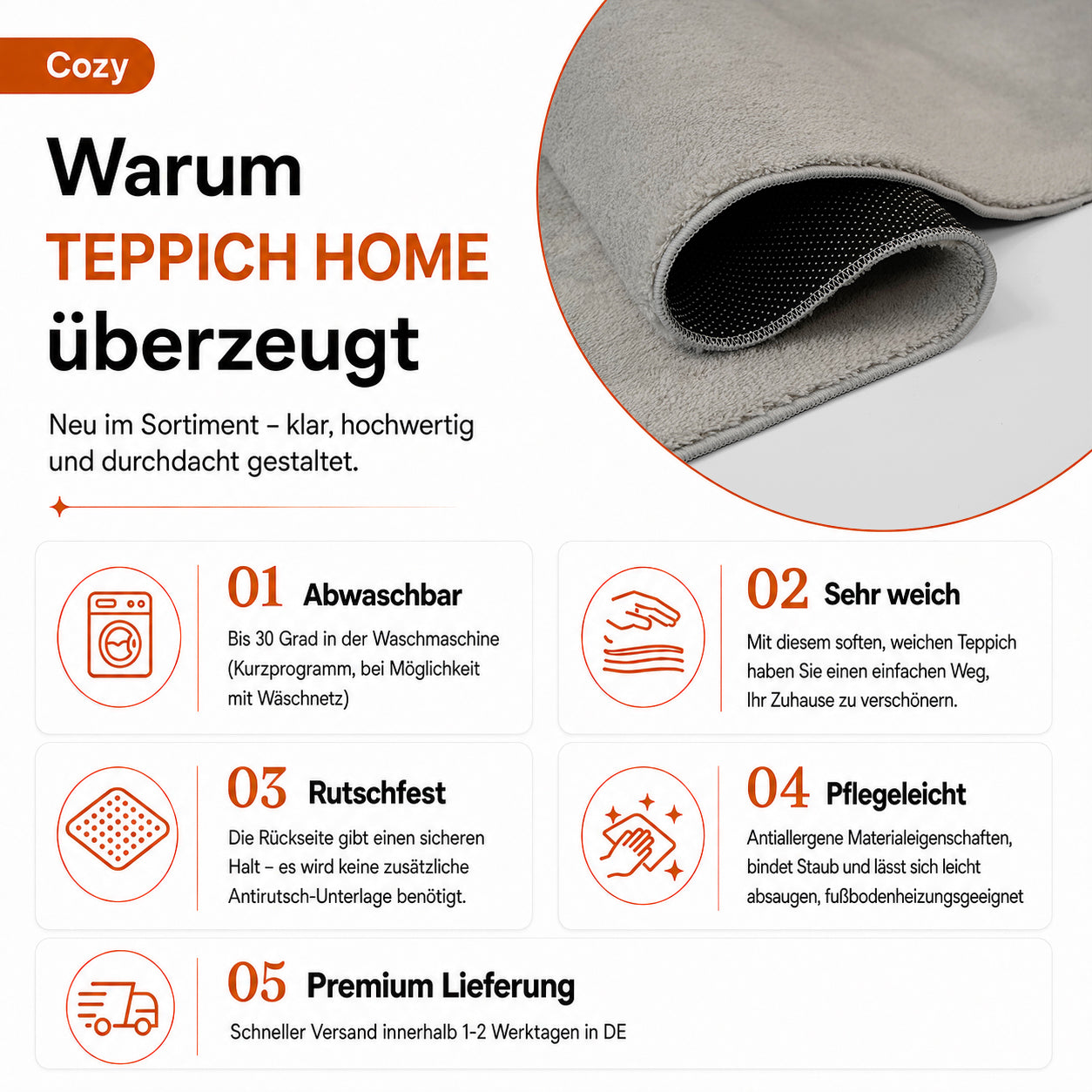Waschbarer Kurzflor Teppich, rutschfest & weich, Einfarbig für Wohnzimmer, Schlafzimmer, Küche & Kinderzimmer-35