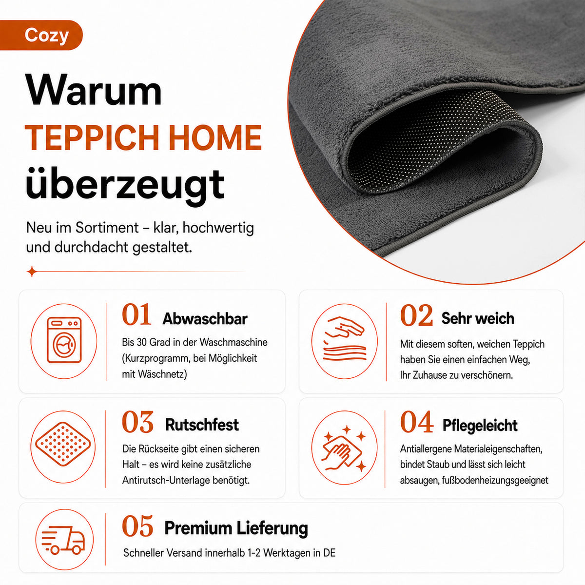 Waschbarer Kurzflor Teppich, rutschfest & weich, Einfarbig für Wohnzimmer, Schlafzimmer, Küche & Kinderzimmer-58