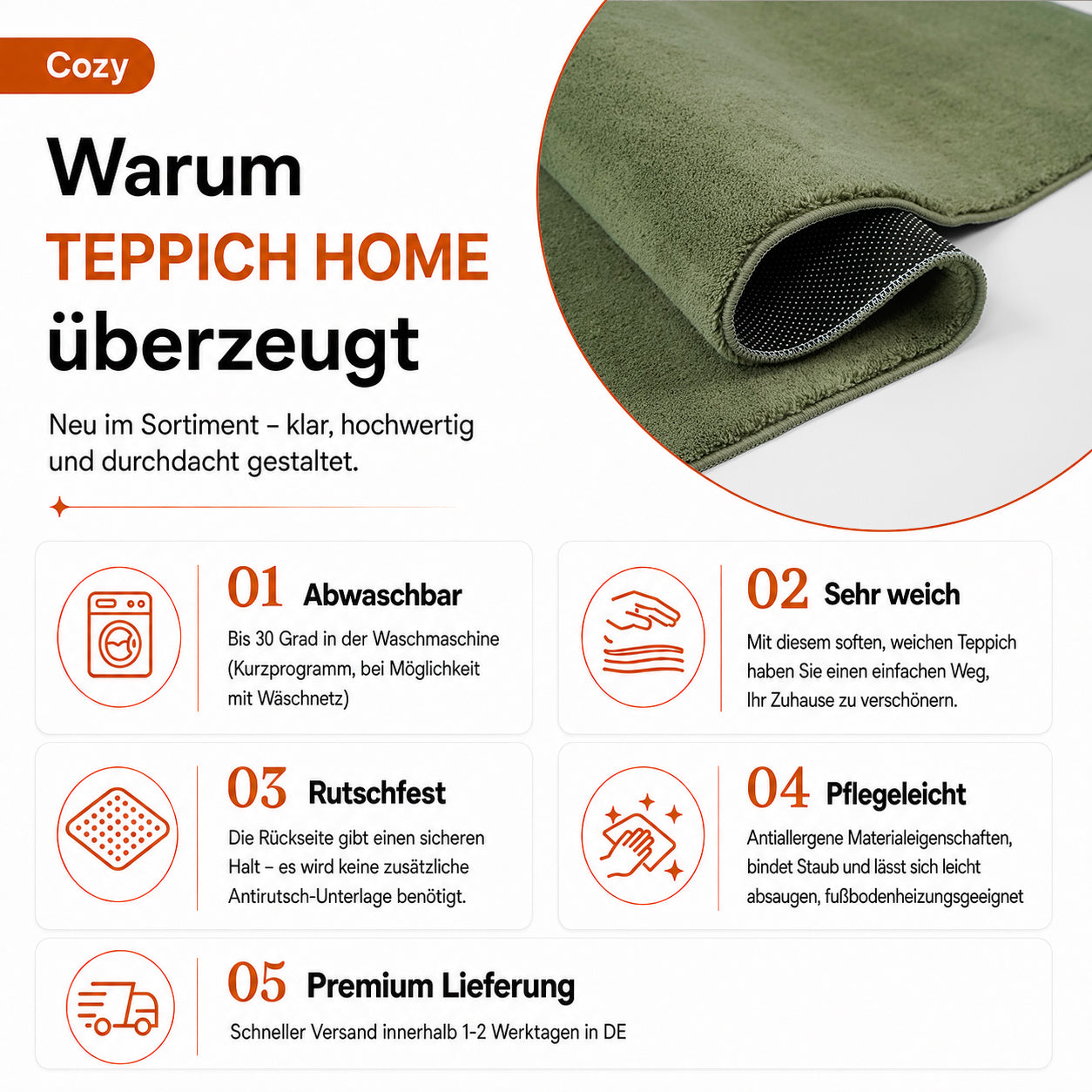 Waschbarer Kurzflor Teppich, rutschfest & weich, Einfarbig für Wohnzimmer, Schlafzimmer, Küche & Kinderzimmer-zoom-24