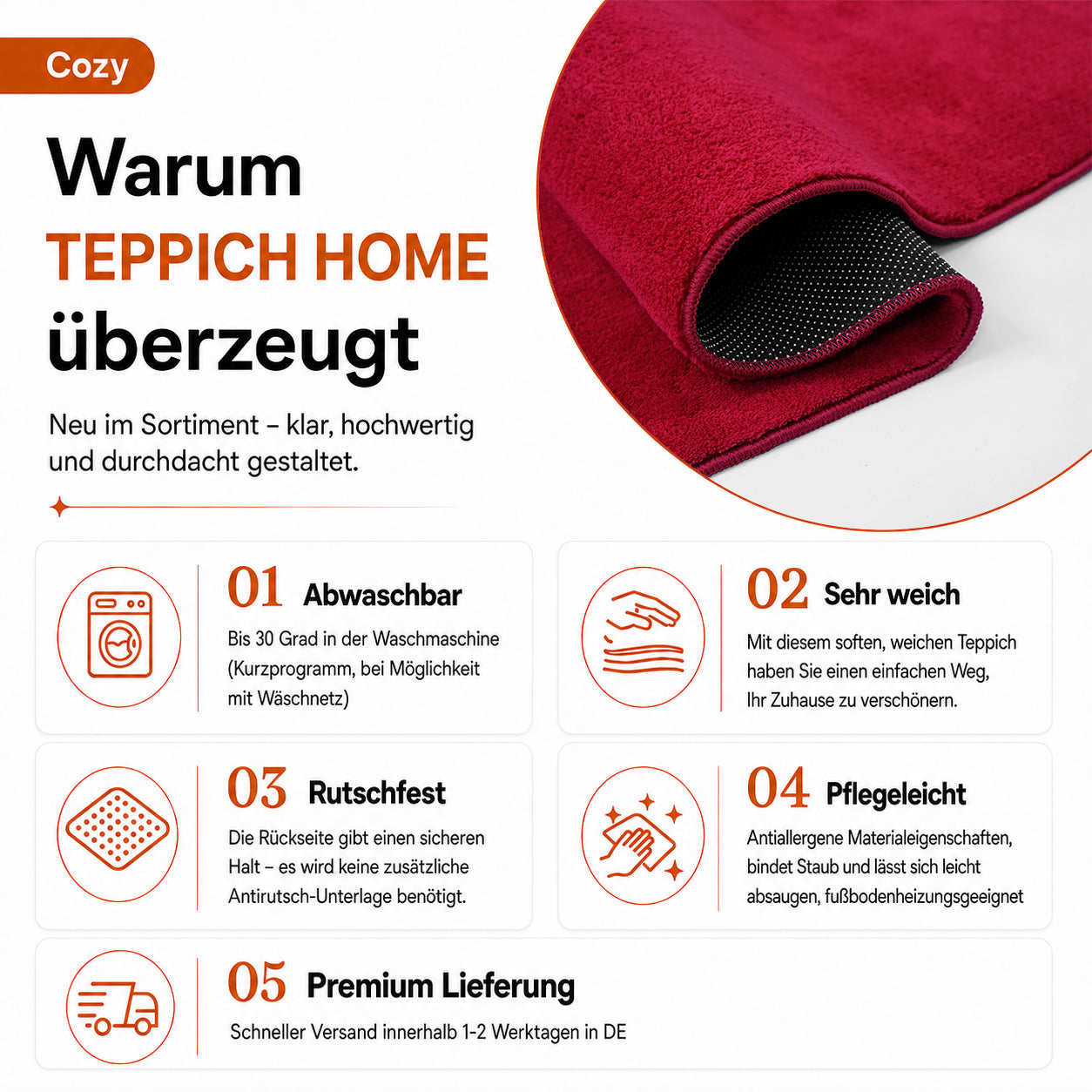 Waschbarer Kurzflor Teppich, rutschfest & weich, Einfarbig für Wohnzimmer, Schlafzimmer, Küche & Kinderzimmer-41