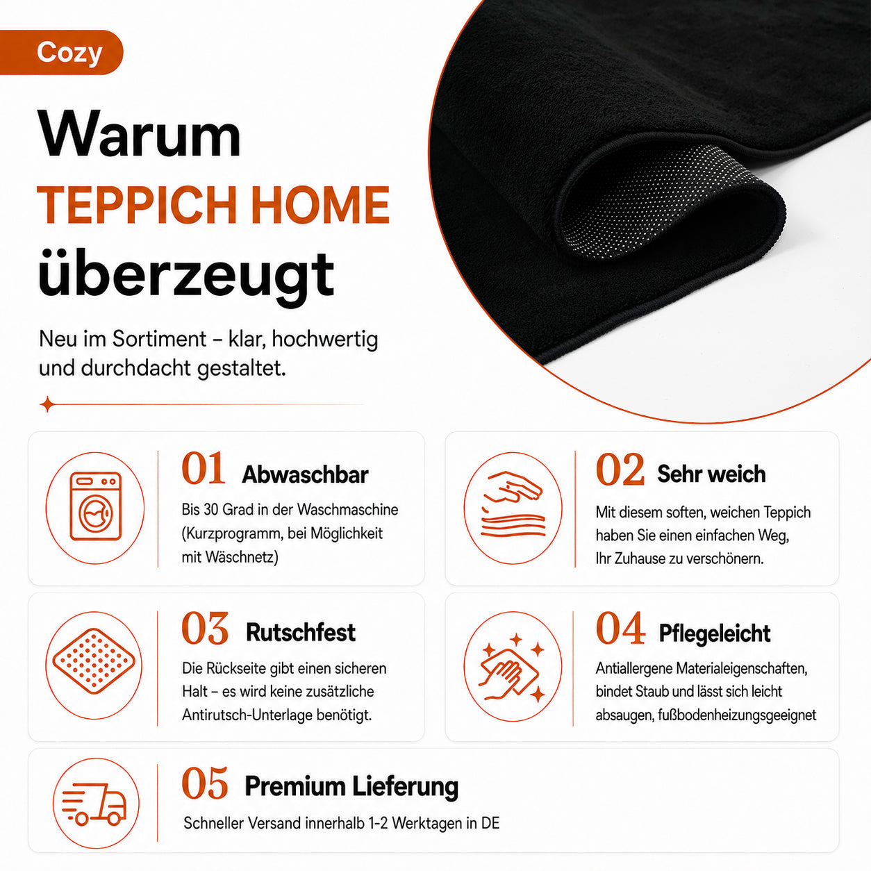 Waschbarer Kurzflor Teppich, rutschfest & weich, Einfarbig für Wohnzimmer, Schlafzimmer, Küche & Kinderzimmer-zoom-6