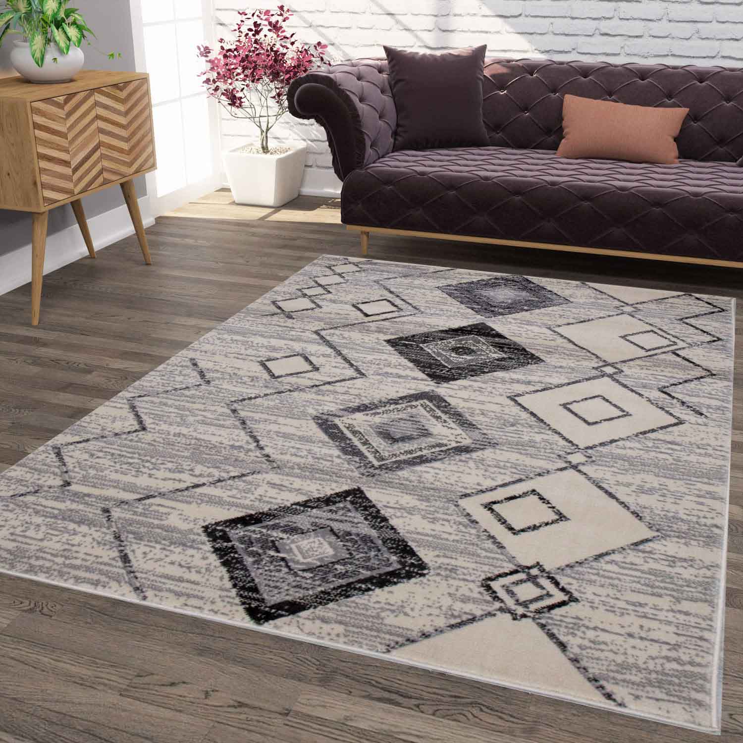 Living room short pile geometric pattern Scandinavian boho modern style beige-1