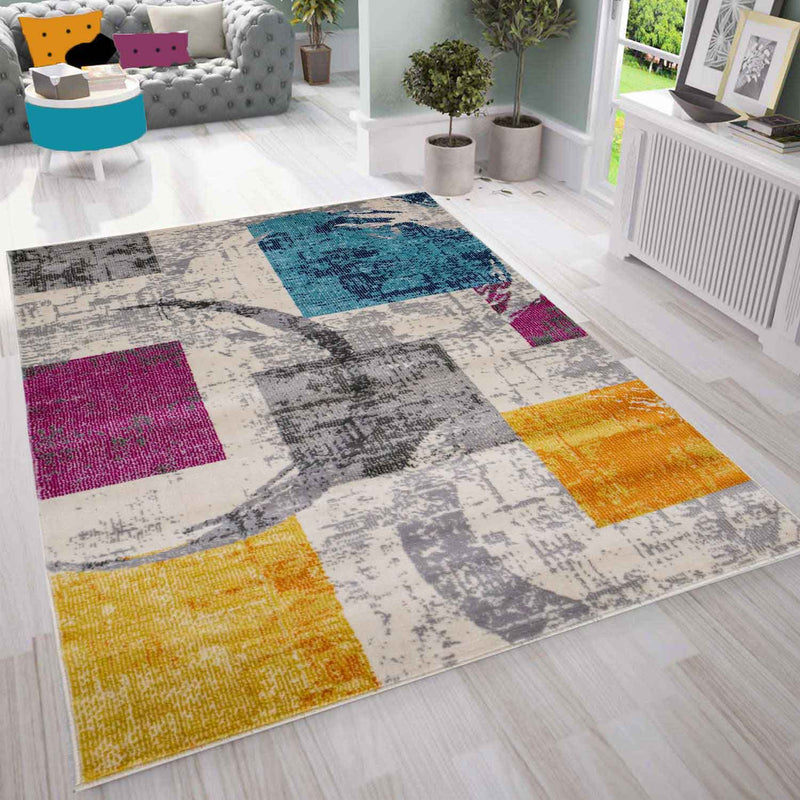 Wohnzimmer Kurzflor Patchwork Muster Skandi Boho Modern Style-zoom-