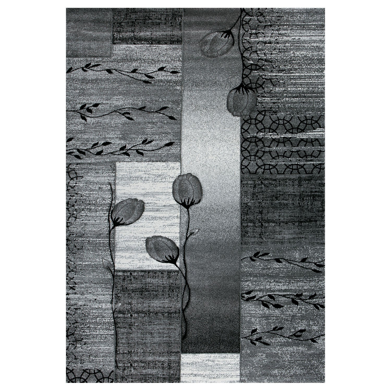 Designer rug, grey, black, cream, floral motif, mottled and contour cut by hand
