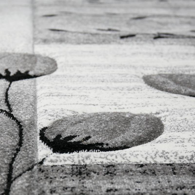 Designer rug, grey, black, cream, floral motif, mottled and contour cut by hand-zoom-