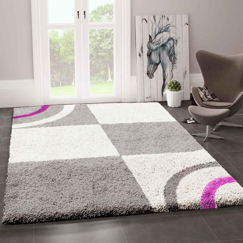 Wohnzimmer Teppich Hochflor Shaggy  Deko kariert streifen Lila Creme Grau Pflegeleicht Modern-zoom-