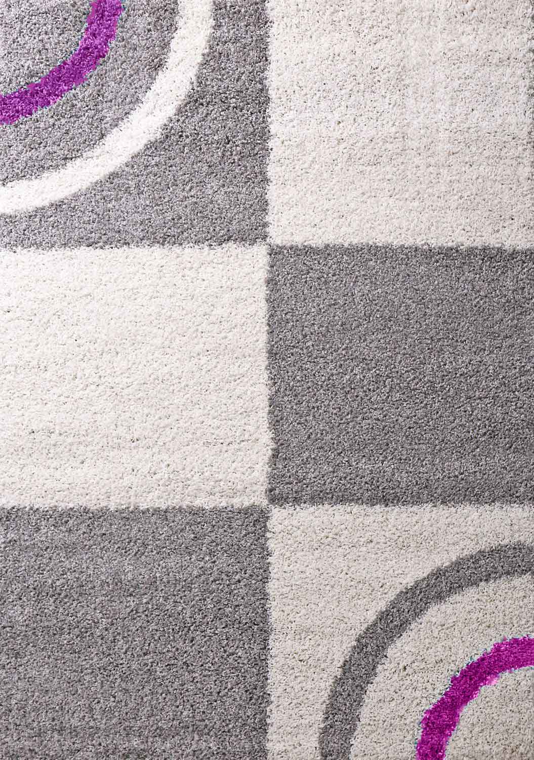 Wohnzimmer Teppich Hochflor Shaggy  Deko kariert streifen Lila Creme Grau Pflegeleicht Modern-3