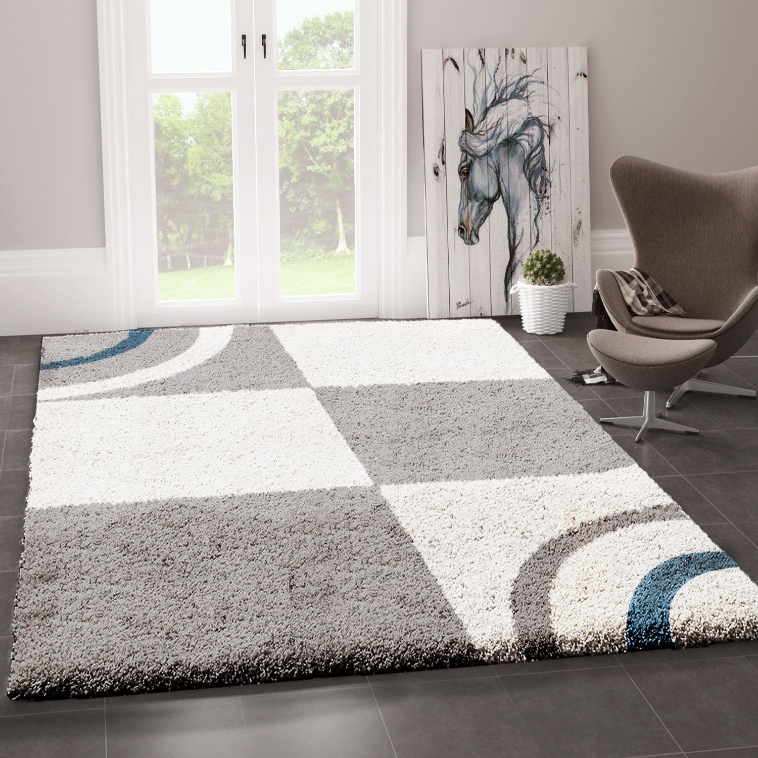 Living room rug, high pile, shaggy, decorative, checkered, striped, turquoise, cream, grey, easy care, modern-zoom-1