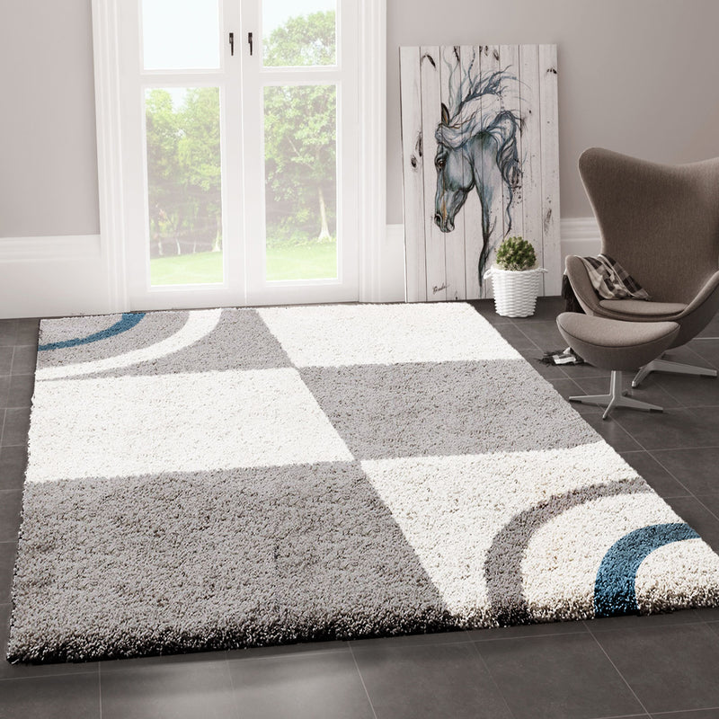 Living room rug, high pile, shaggy, decorative, checkered, striped, turquoise, cream, grey, easy care, modern-zoom-