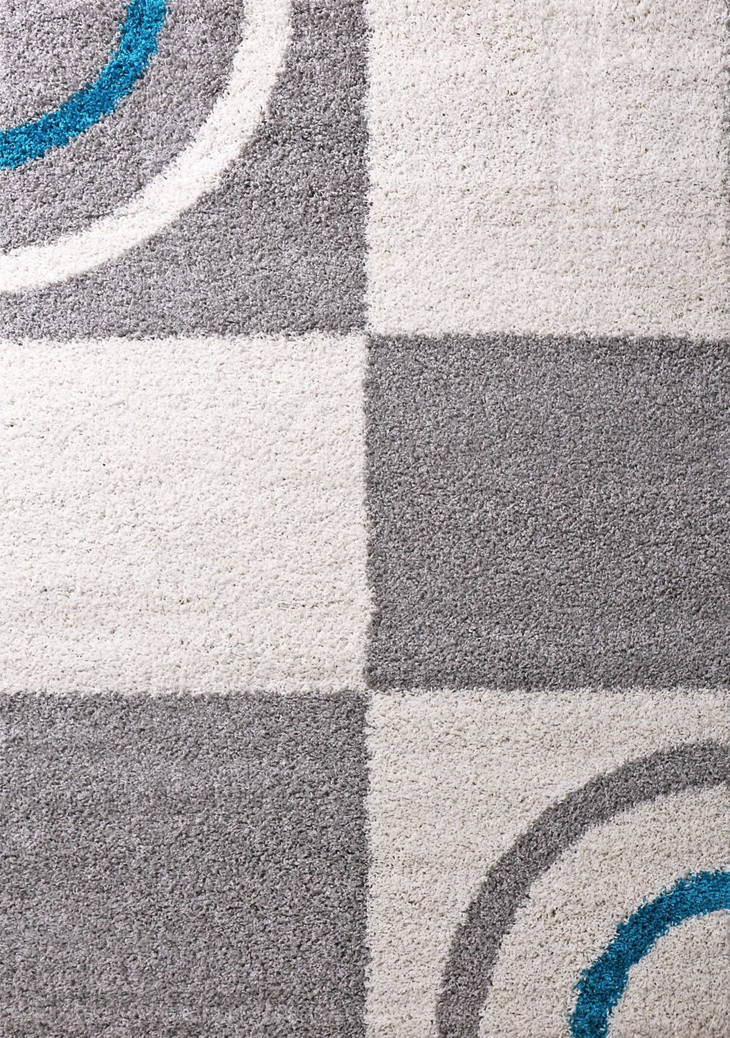 Living room rug, high pile, shaggy, decorative, checkered, striped, turquoise, cream, grey, easy care, modern-5