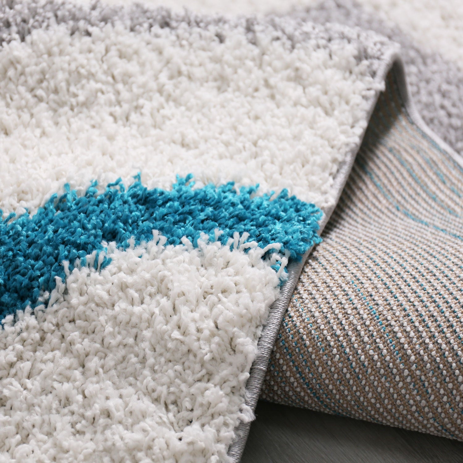 Living room rug, high pile, shaggy, decorative, checkered, striped, turquoise, cream, grey, easy care, modern-3