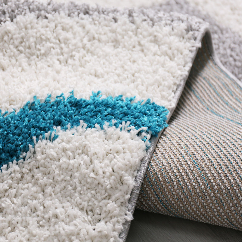 Living room rug, high pile, shaggy, decorative, checkered, striped, turquoise, cream, grey, easy care, modern-zoom-