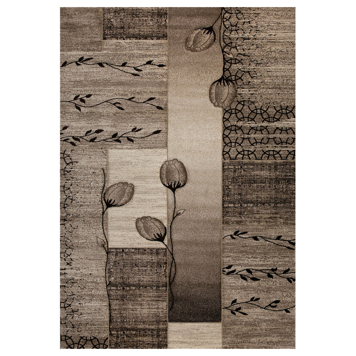Designer living room rug in natural beige and brown with floral motif