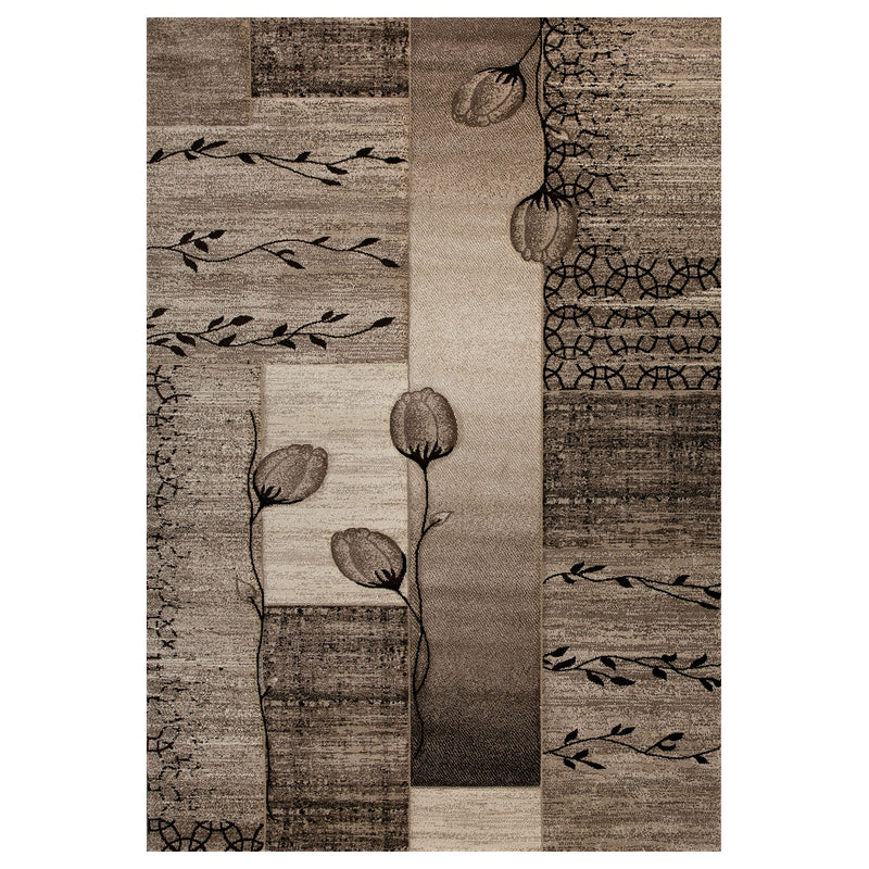 Designer living room rug in natural beige and brown with floral motif-zoom-