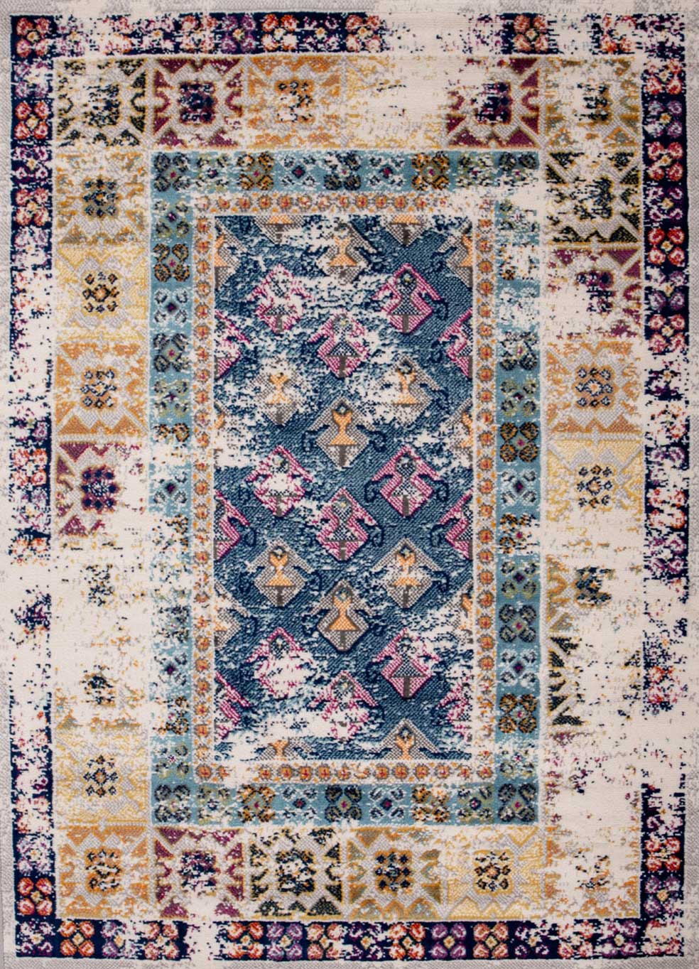 Vintage Oriental Rug Living Room Short Pile Blue Terracotta Cream-4