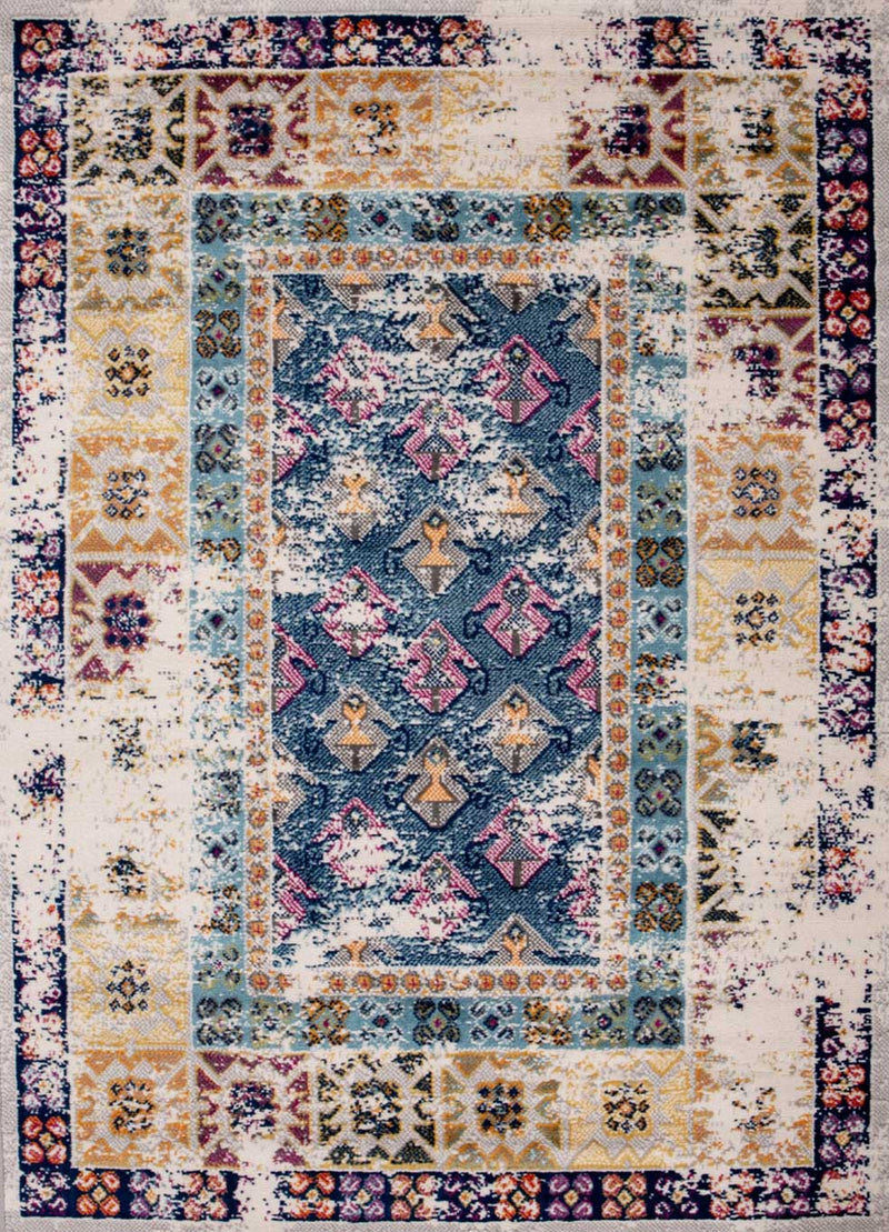 Vintage Oriental Rug Living Room Short Pile Blue Terracotta Cream-zoom-
