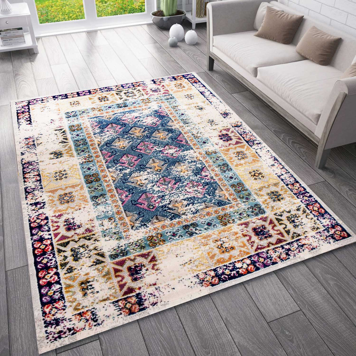Vintage Oriental Rug Living Room Short Pile Blue Terracotta Cream-1