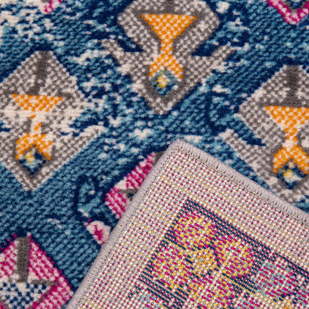 Vintage Oriental Rug Living Room Short Pile Blue Terracotta Cream