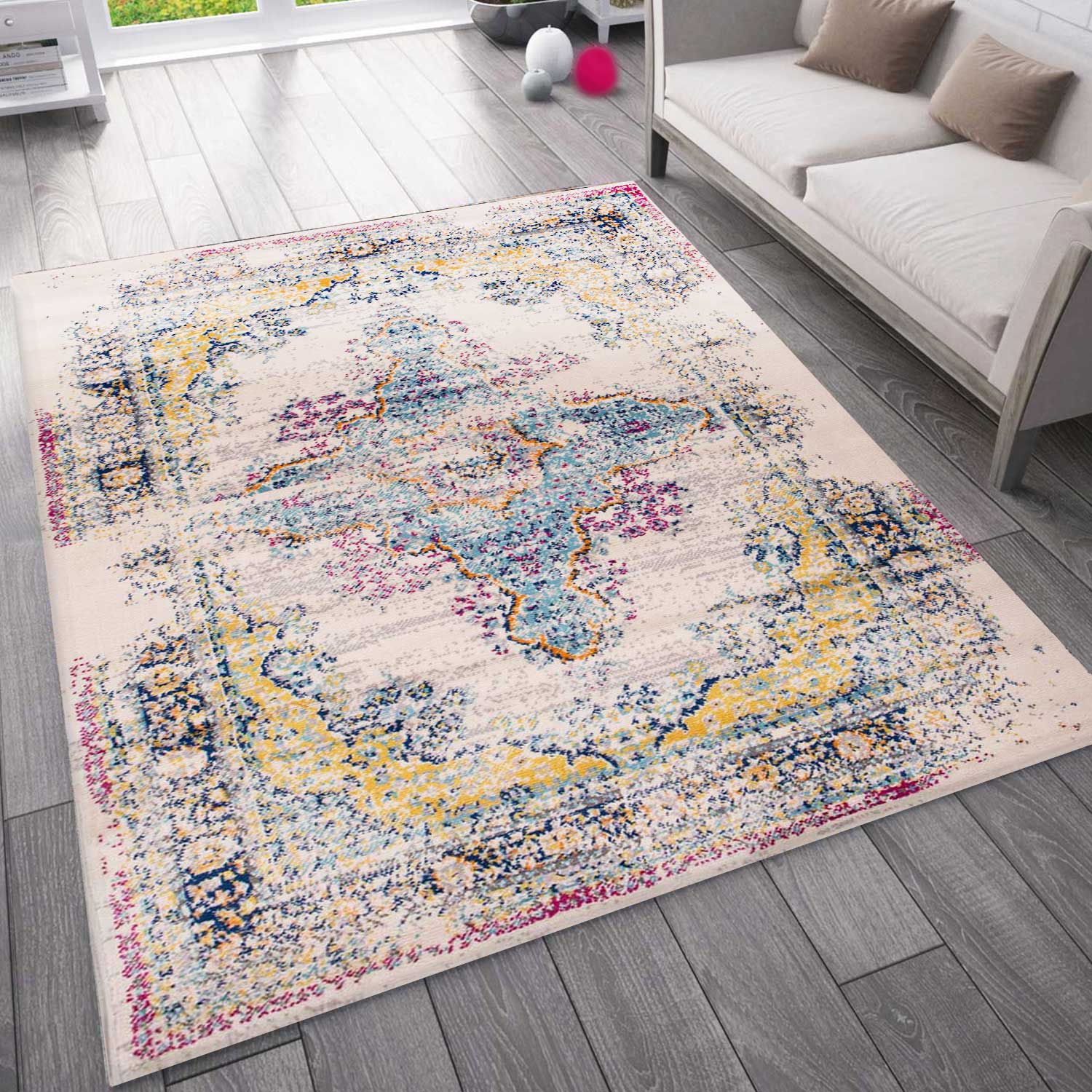 Living room rug, vintage look, designer short pile rug in colorful designs-zoom-1