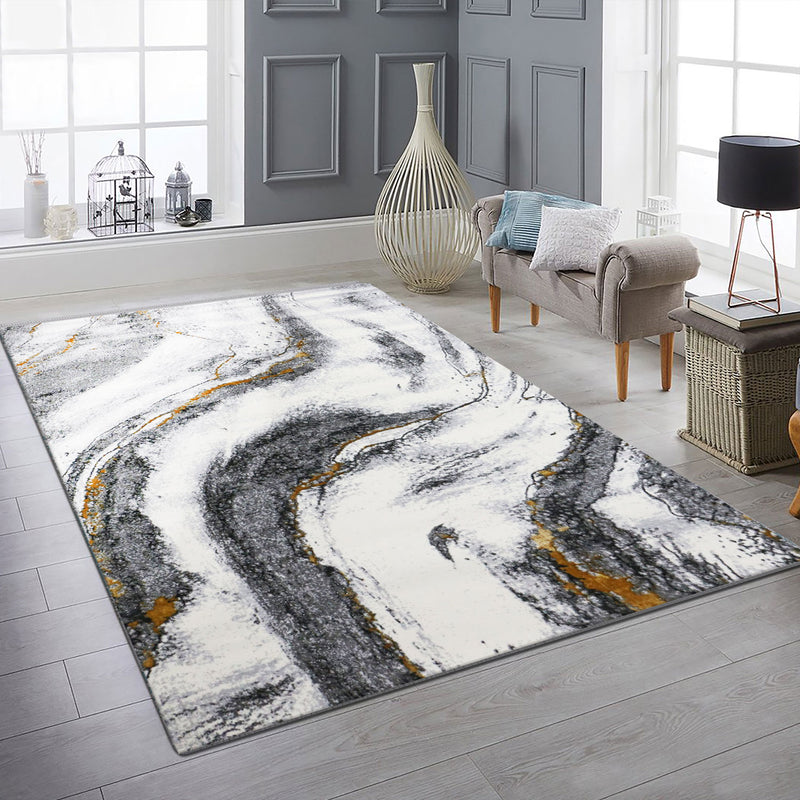 Wohnzimmer Teppich mit Marmor-Optik in Grau und Gold Tönen Glanz Modern-zoom-