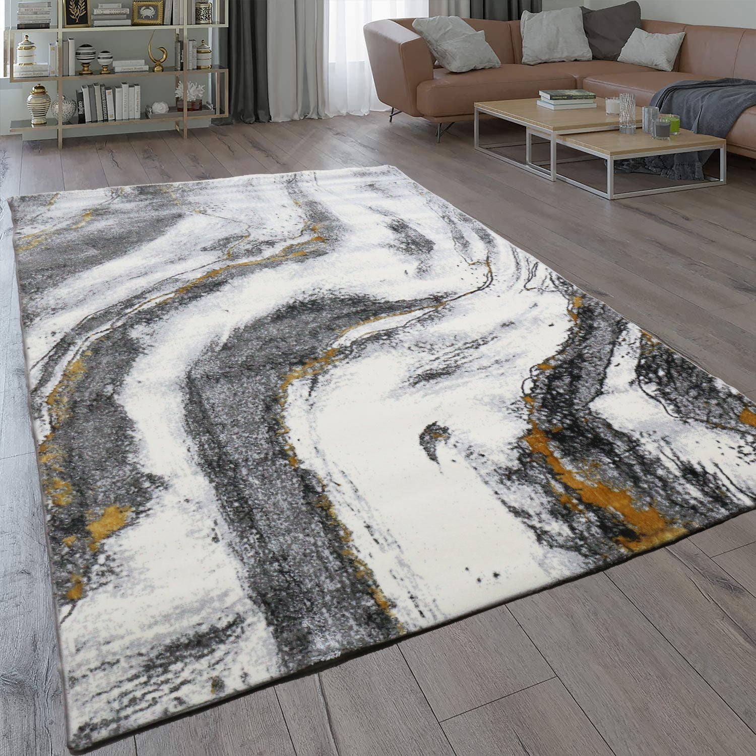 Wohnzimmer Teppich mit Marmor-Optik in Grau und Gold Tönen Glanz Modern-zoom-2