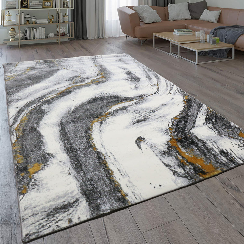 Living room rug with marble look in gray and gold tones, glossy, modern-zoom-