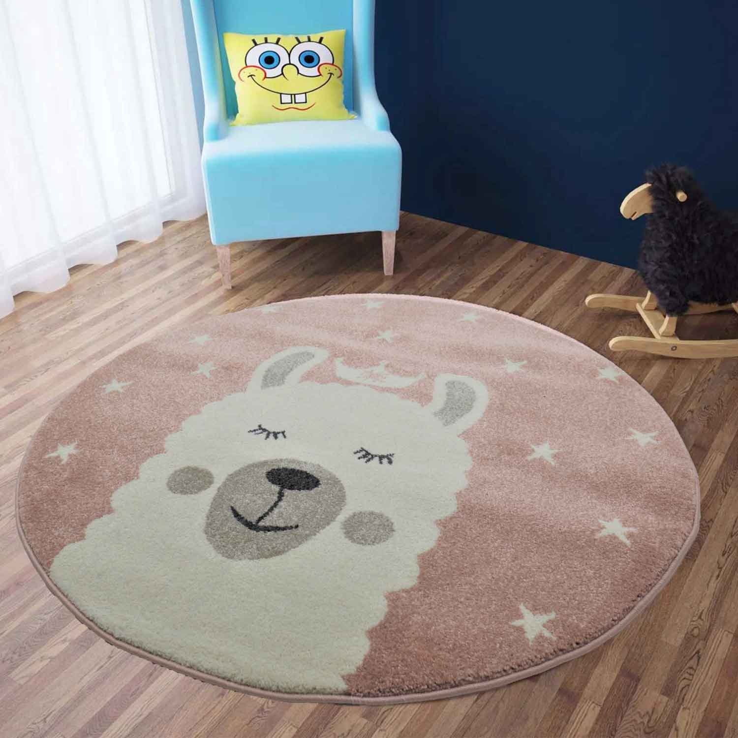 Children's rug, llama, king, stars, playroom, nursery, pink, cream, short pile, soft, fluffy-4