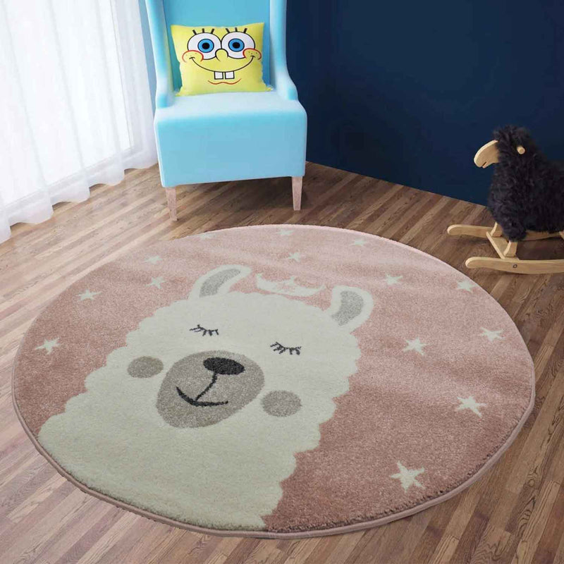 Children's rug, llama, king, stars, playroom, nursery, pink, cream, short pile, soft, fluffy-zoom-